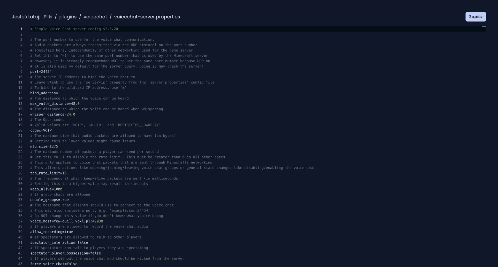 Plik voicechat-server.properties otwarty w edytorze plików w panelu