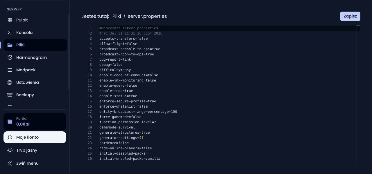 server.properties otwarty w edytorze Monaco z przyciskiem Zapisz
