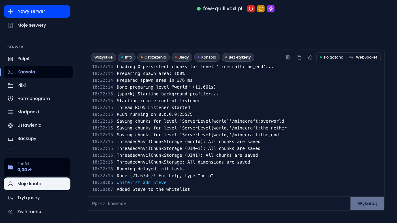 Przykładowe wykonanie komendy whitelist add w konsoli