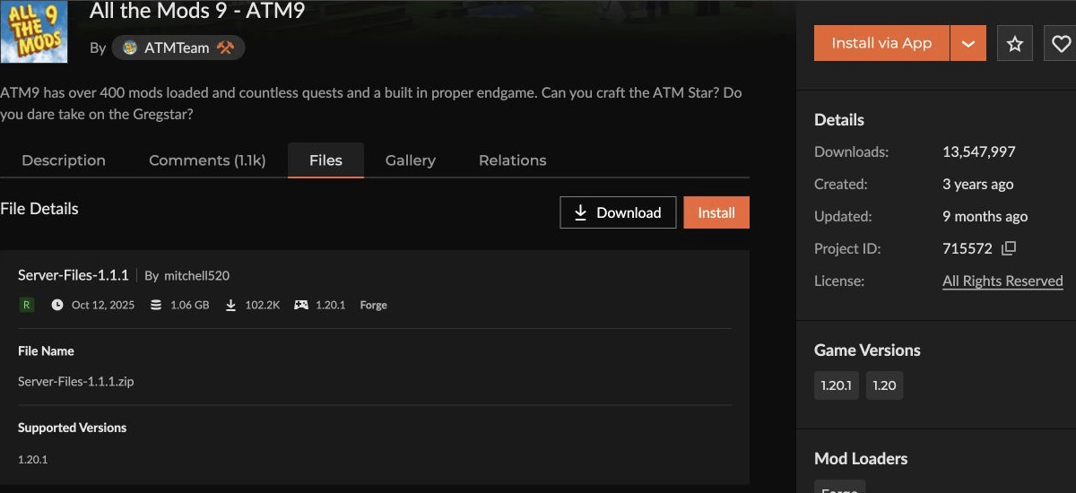 Zakładka Files na CurseForge z plikiem Server Files dla modpacka All the Mods 9