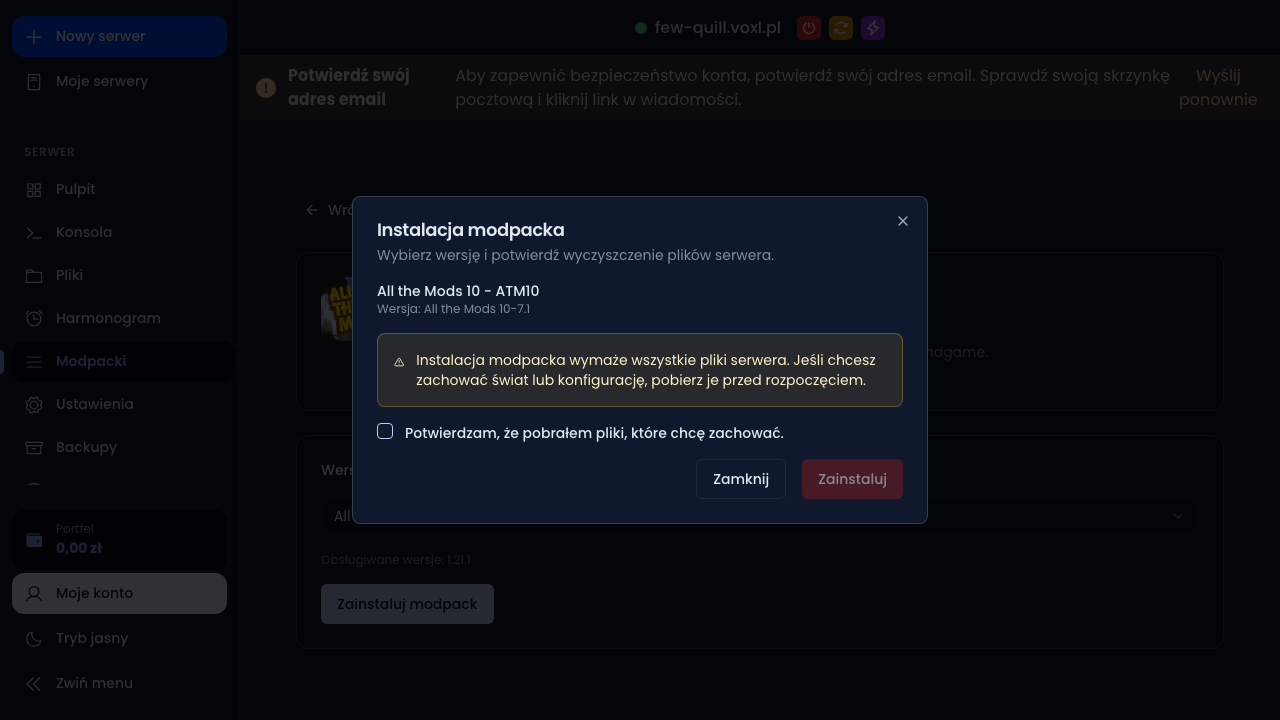 Okno instalatora z ostrzeżeniem o wyczyszczeniu plików i checkboxem potwierdzenia
