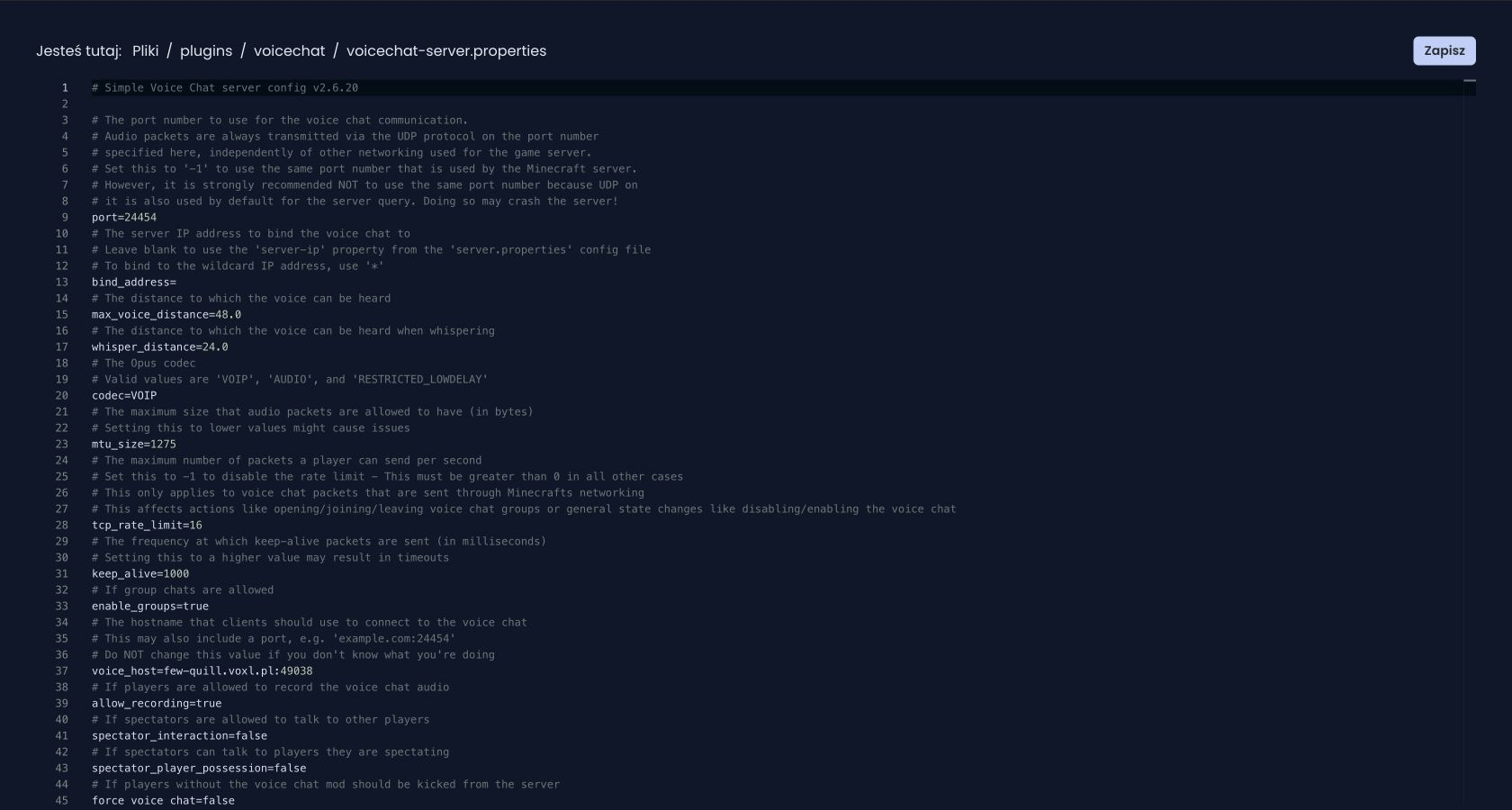 Plik voicechat-server.properties otwarty w edytorze plików w panelu
