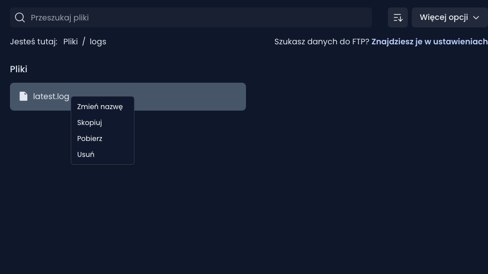 Zakładka Pliki z folderem logs/ i menu kontekstowym pliku z opcją Pobierz