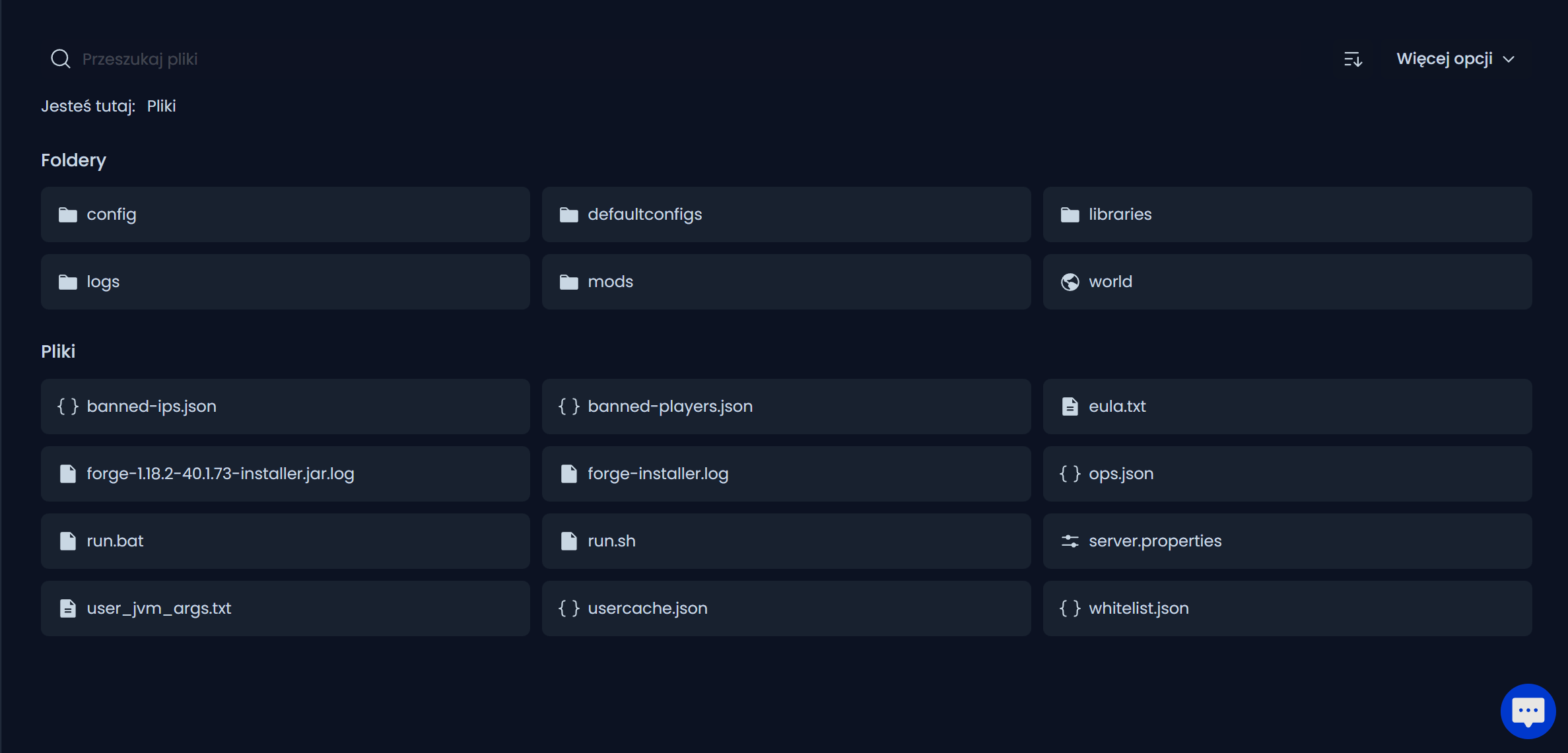 Główny katalog serwera Forge z widocznym folderem mods