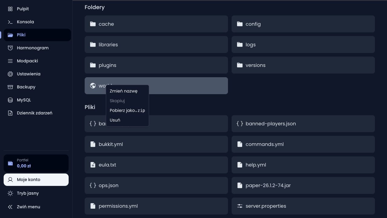 Zakładka Pliki, menu kontekstowe folderu world z opcją "Pobierz jako .zip"